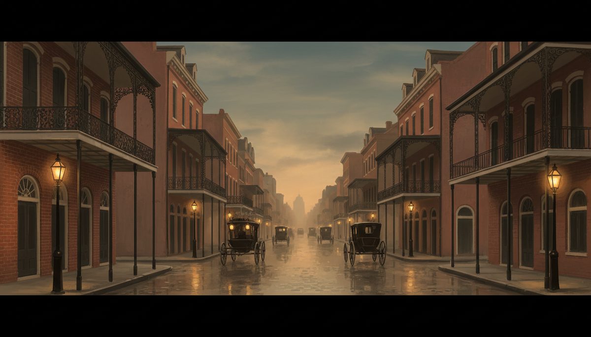 A 1900s-era streetscape illustration of New Orleans's Storyville district at dusk, with gas-lit Italianate brick mansions and wrought-iron balconies along Basin Street.