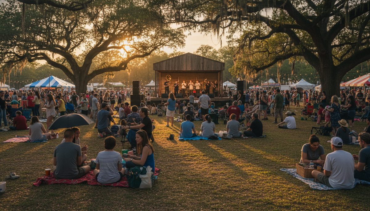 A New Orleans Jazz & Heritage Festival scene at the Fair Grounds — a brass band on a stage with a festival crowd in the foreground.